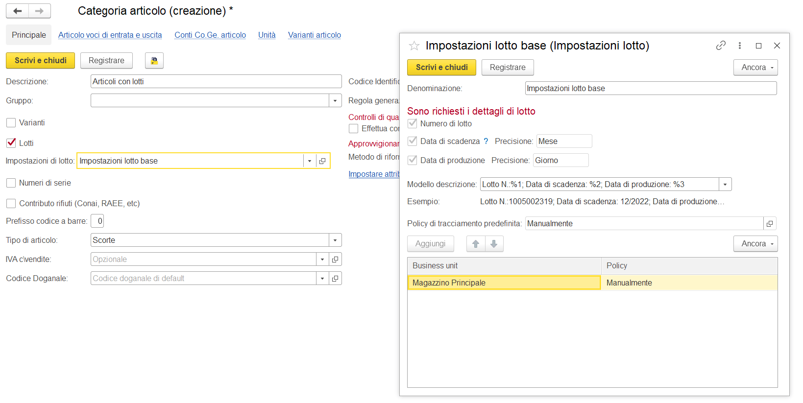 Impostazioni lotto