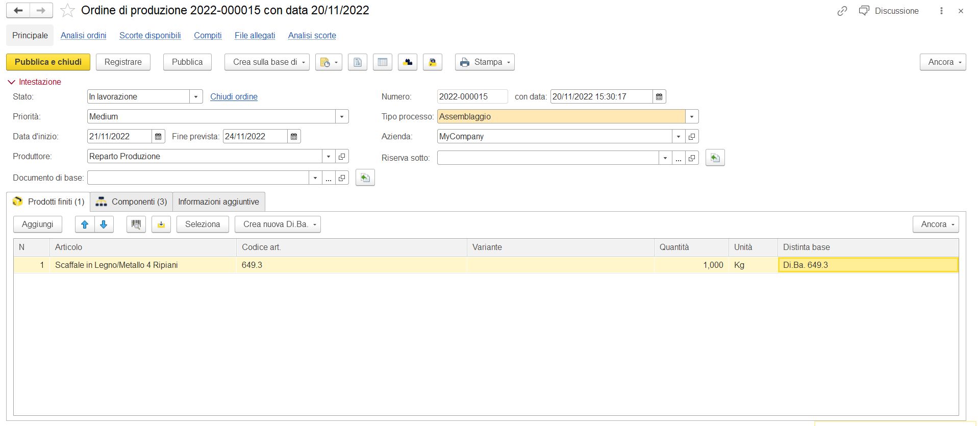 Ordine di produzione assemblaggio