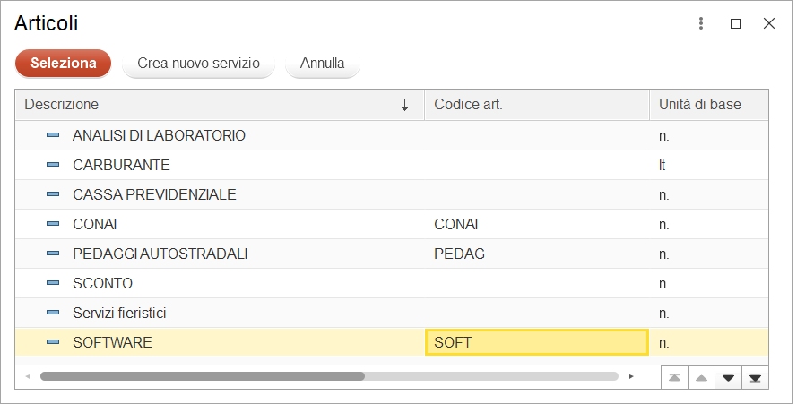 Selezione servizio per registrazione fattura XML