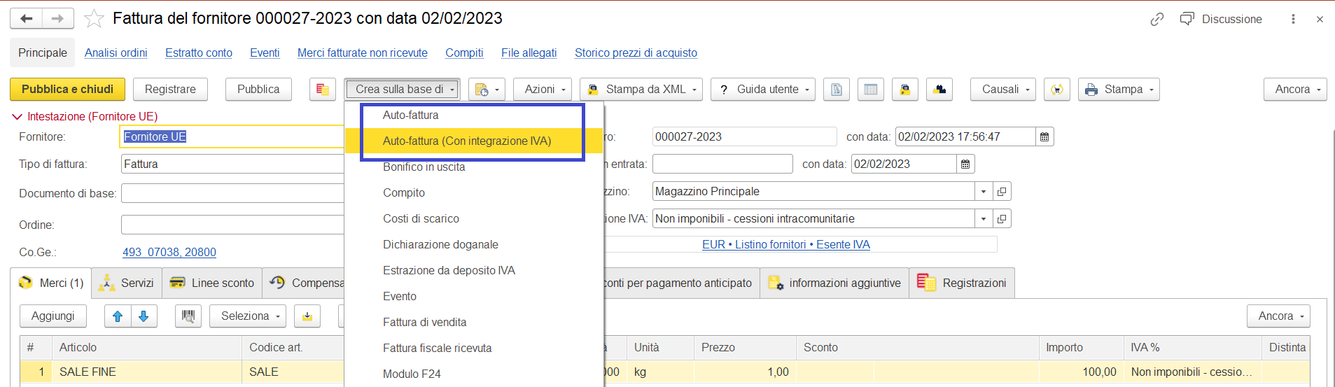 Emissione autofattura nel gestionale