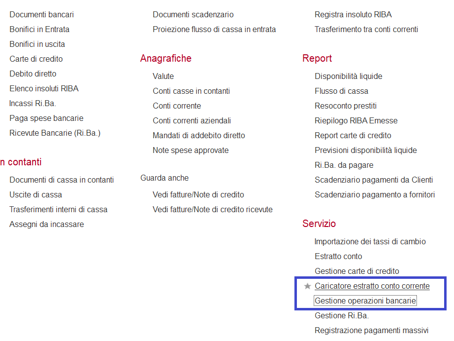 Caricamento estratto conto su gestionale