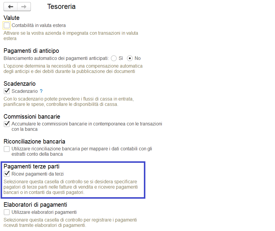 Impostare pagamento terze parti